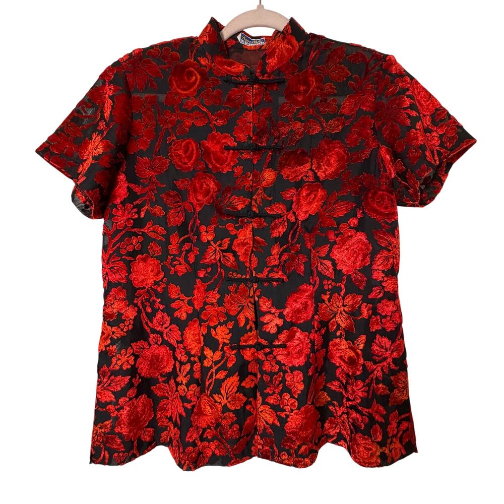 Md Vtg Red Black Floral Velvet Burnout Top Ngoc Chau Mandarin Collar Goth Asian
